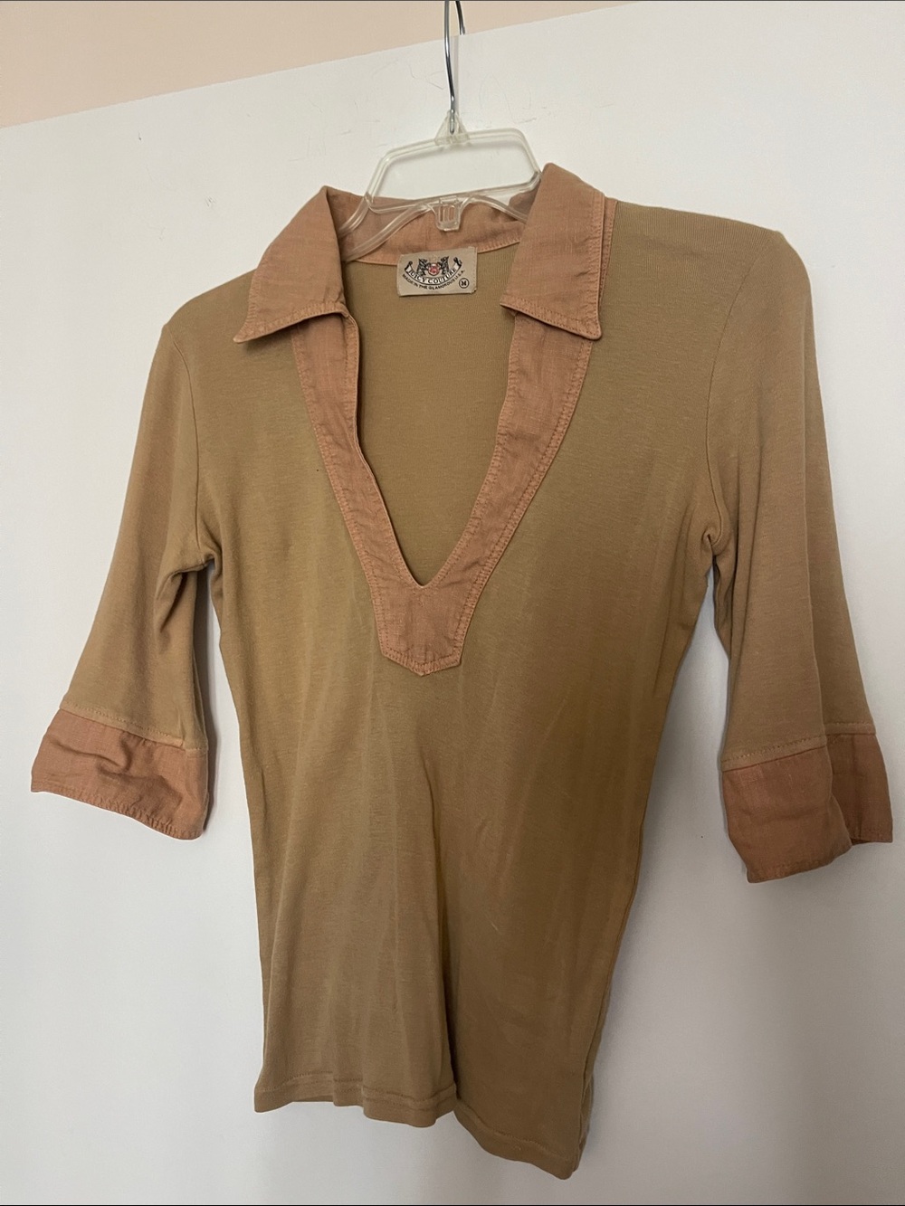 Women's Deep V Collared Top in Tan